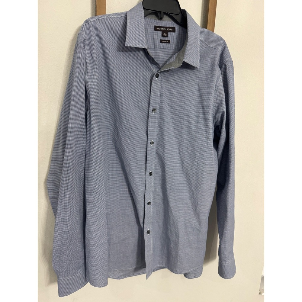 Michael Kors Mens XL Classic Fit Blue Micro Check Long Sleeve Button Down Shirt